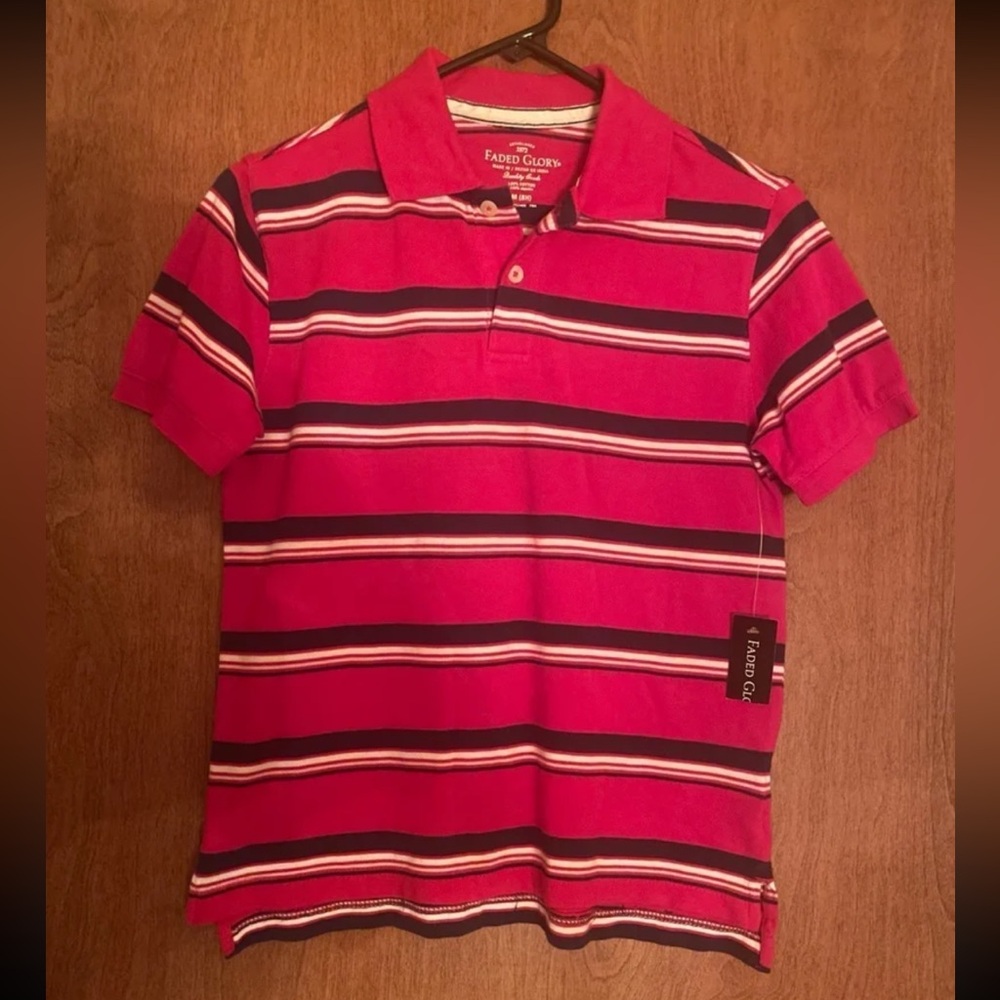 Faded Glory Boys Collared Polo Shirt Red Blue White Stripes Sz M (8H) NWT NEW